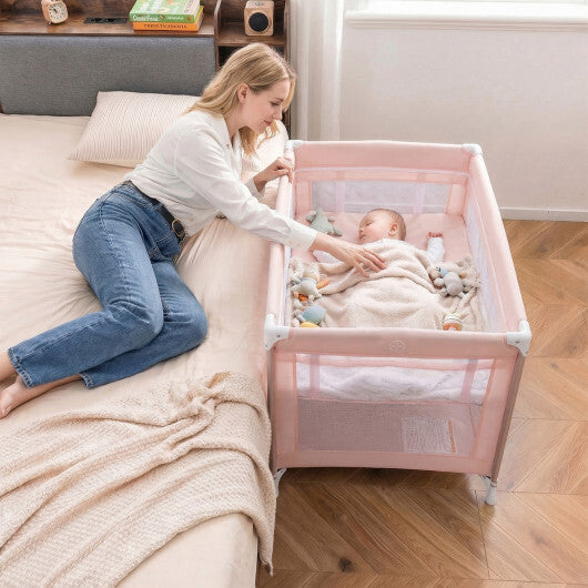 Portable Baby Playard Folding Travel Crib for Infants with Soft Mattress-Pink