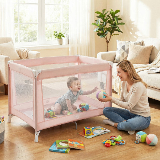 Portable Baby Playard Folding Travel Crib for Infants with Soft Mattress-Pink