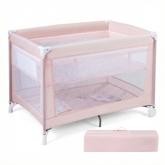 Portable Baby Playard Folding Travel Crib for Infants with Soft Mattress-Pink