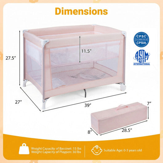 Portable Baby Playard Folding Travel Crib for Infants with Soft Mattress-Pink