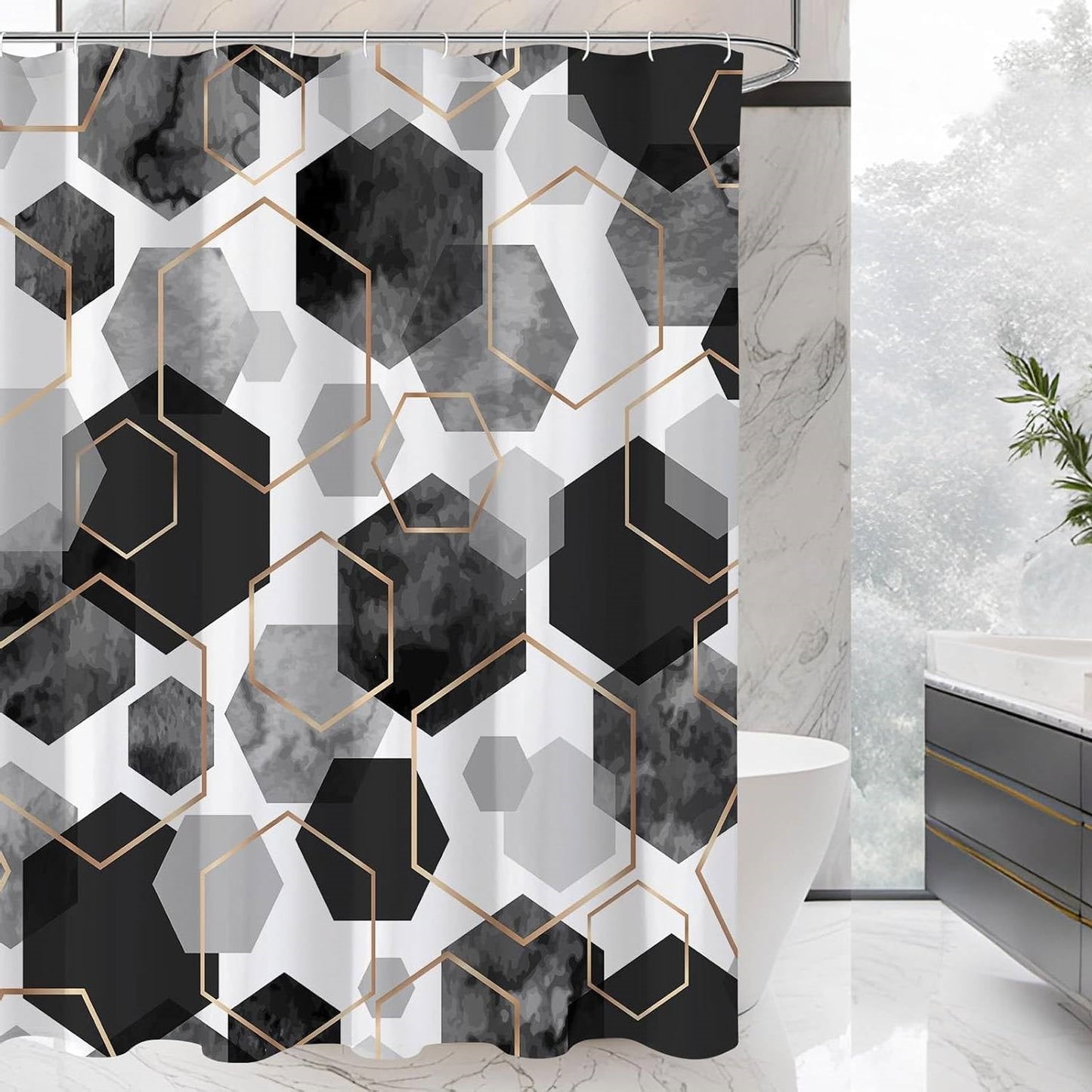 72"W x 78"H Black White Hexagonal Pattern Polyester Shower Curtain