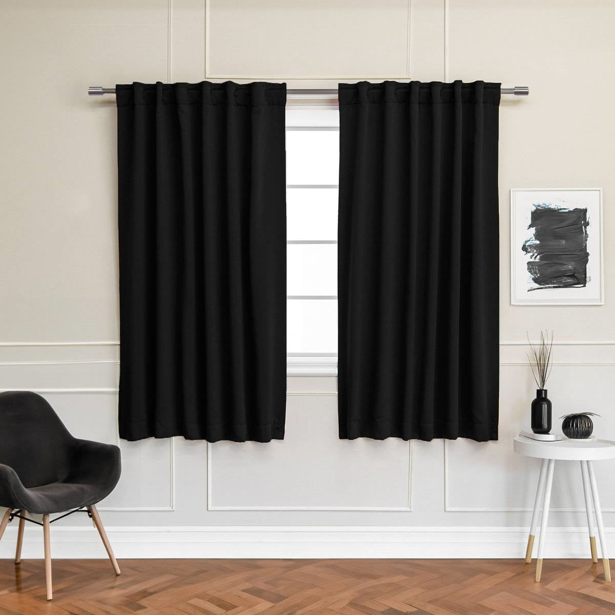 52 x 63 inch Solid Black Thermal Blackout Curtain Panels - Set of 2