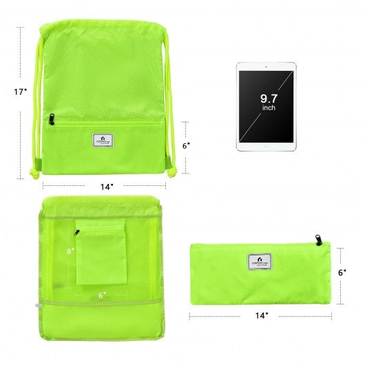 Drawstring Backpack String Bag Foldable Sports Sack with Zipper Pocket-Green - Color: Green