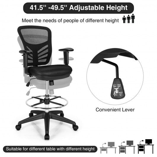 Mesh Drafting Chair Office Chair with Adjustable Armrests and Foot-Ring-Black