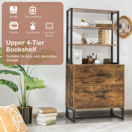 Letter Size Lateral File Cabinet with Lock and Bookshelf-Rustic Brown - Color: Rustic Brown