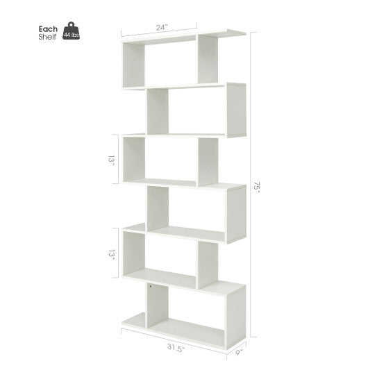 6 Tier S-Shaped Bookshelf Storage Display Bookcase Decor Z-Shelf -Black
