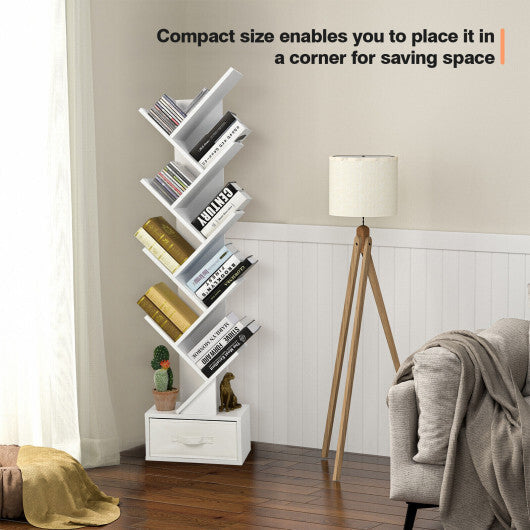 10-Tier Bookshelf with Drawer Free-standing Storage Bookcase-White - Color: White
