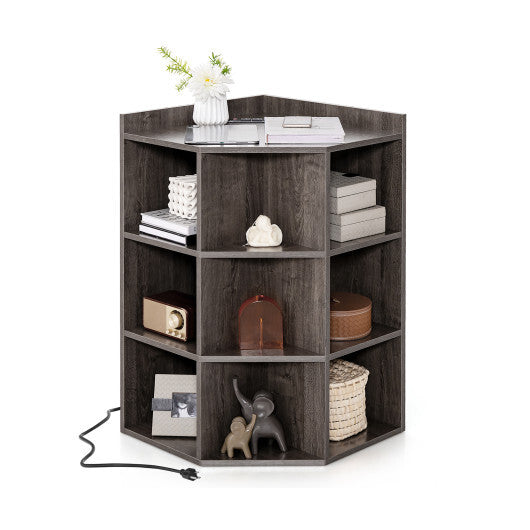 3-Tier Corner Cabinet with Charging Station for Bedroom-Natural