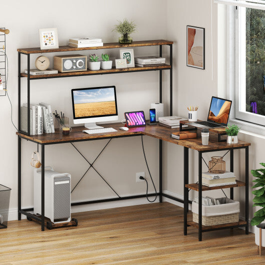 L-Shaped Reversible Gaming Desk with LED Strip and Power Outlets Hutch Monitor Stand-Rustic Brown