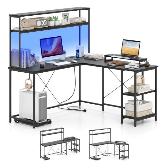 L-Shaped Reversible Gaming Desk with LED Strip and Power Outlets Hutch Monitor Stand-Rustic Brown