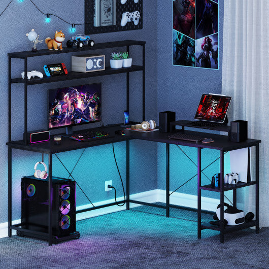 L-Shaped Reversible Gaming Desk with LED Strip and Power Outlets Hutch Monitor Stand-Rustic Brown