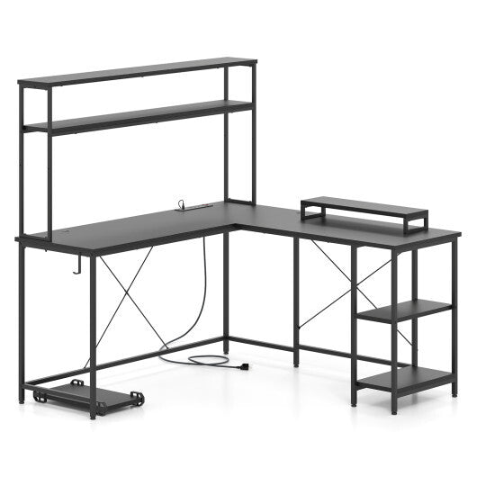 L-Shaped Reversible Gaming Desk with LED Strip and Power Outlets Hutch Monitor Stand-Rustic Brown