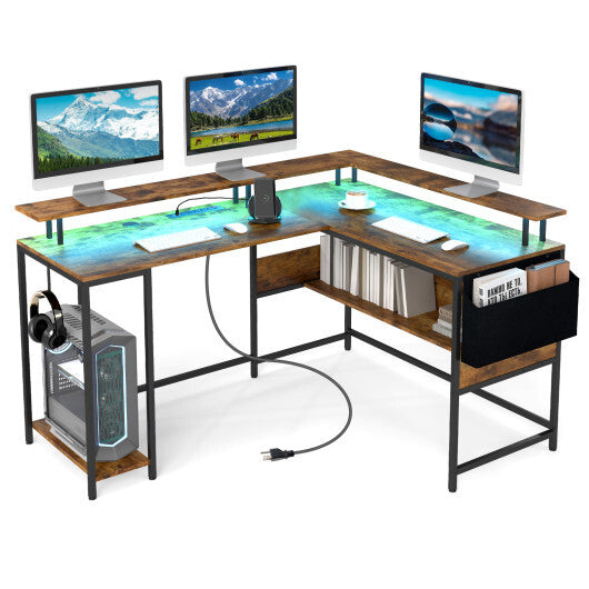 L-Shaped Gaming Desk with LED Lights and Power Outlets Home Office Computer Desk-Rustic Brown