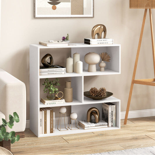 Concave Bookshelf with 3 Open Shelves & Anti-Toppling Device for Living Room-White