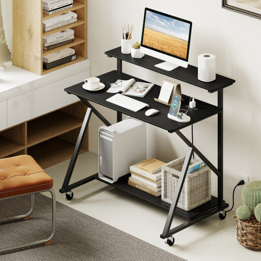 Rolling Computer Desk with Charging Station and Monitor Shelf Storage for Home Office-Rustic Brown