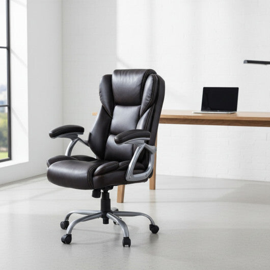 Executive Office Chair Leather Ergonomic Computer Desk Chair with Padded Seat and Armrests-Brown