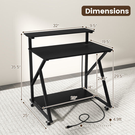 32 Inch Rolling Computer Desk for Small Spaces with Power Outlets-Black