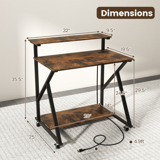 32 Inch Rolling Computer Desk for Small Spaces with Power Outlets-Black