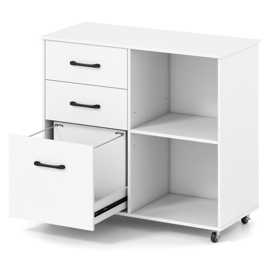 3-Drawer Mobile File Cabinet with Open Storage Shelves and Wheels for Letter A4 Size-White