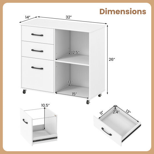 3-Drawer Mobile File Cabinet with Open Storage Shelves and Wheels for Letter A4 Size-White