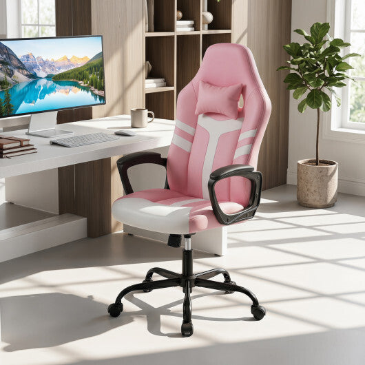 Faux Leather Upholstered Office Chair with Removable Head Pillow and Rocking Function-Pink