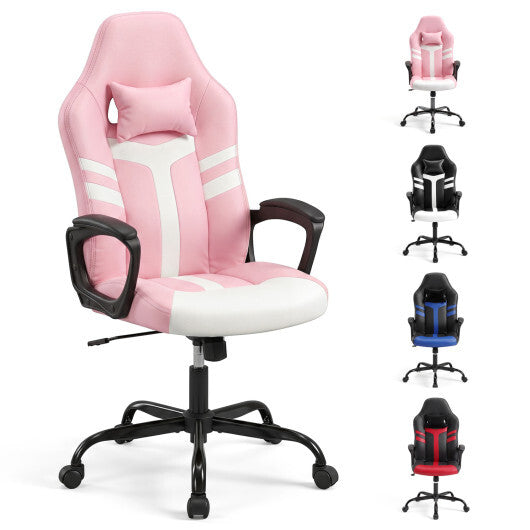 Faux Leather Upholstered Office Chair with Removable Head Pillow and Rocking Function-Pink