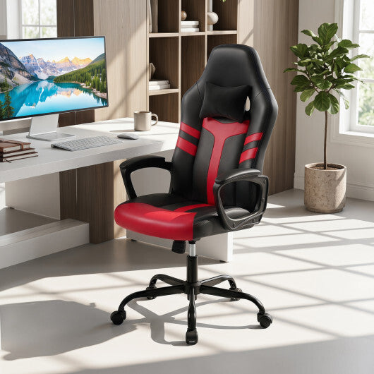 Faux Leather Upholstered Office Chair with Removable Head Pillow and Rocking Function-Pink