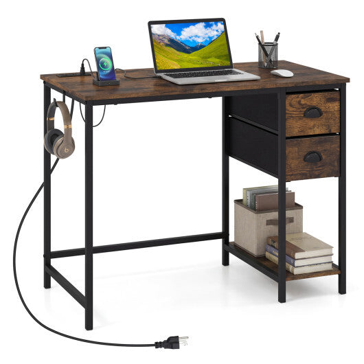 Computer Desk with Charging Station and 2 Fabric Drawers for Small Spaces-Rustic Brown