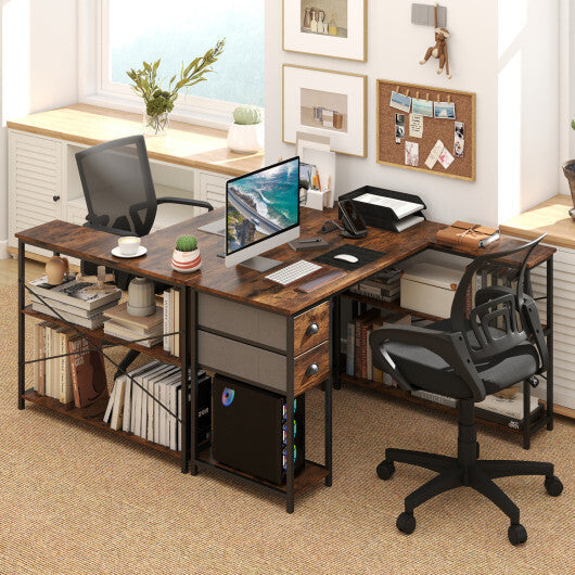 L Shaped Desk with Charging Station Corner Computer Desk with 2 Fabric Drawers-Rustic Brown