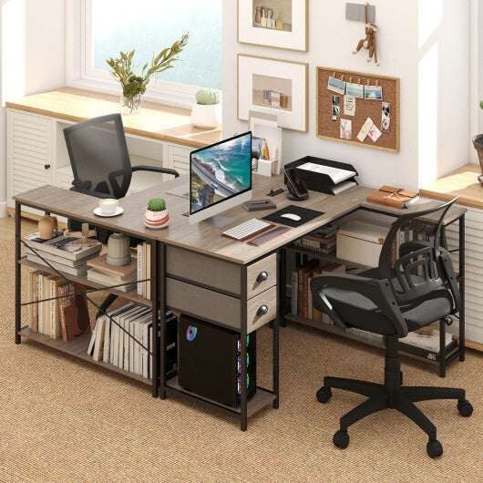 L Shaped Desk with Charging Station Corner Computer Desk with 2 Fabric Drawers-Rustic Brown