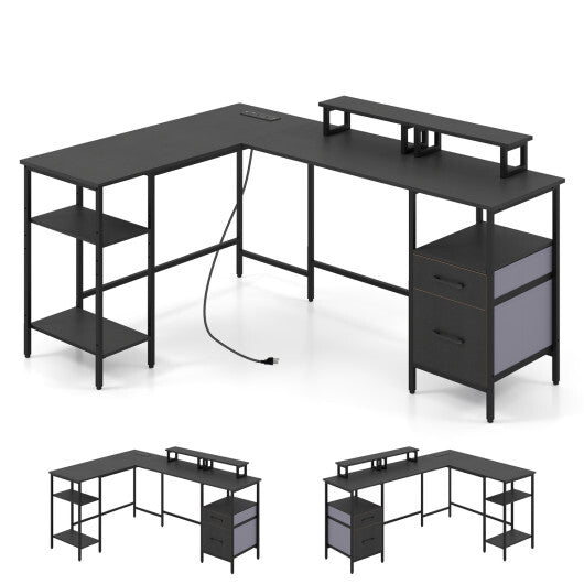 L Shaped Desk with Power Outlet Reversible Computer Desk with Monitor Stands-Black