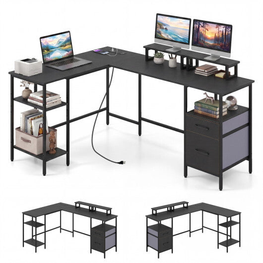 L Shaped Desk with Power Outlet Reversible Computer Desk with Monitor Stands-Black