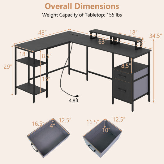 L Shaped Desk with Power Outlet Reversible Computer Desk with Monitor Stands-Black