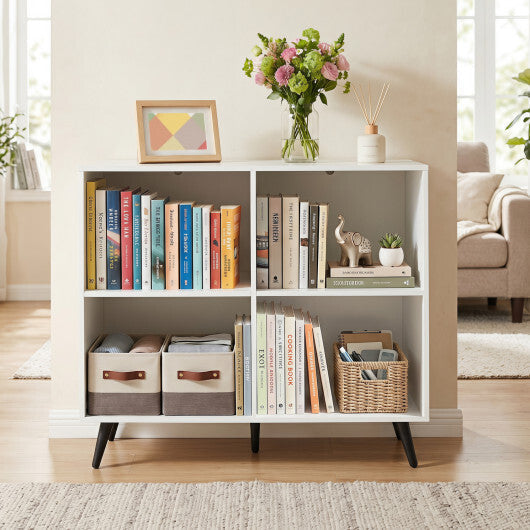 4-Cube Wooden Bookshelf Bookcase with 5 Metal Legs for Home-White