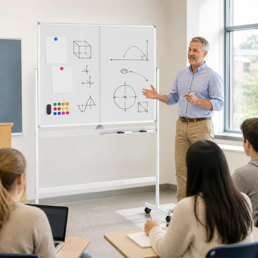 48" x 36" Double-Sided Mobile White Board with Lockable Universal Wheels for Office-White