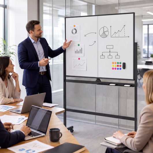 48" x 36" Double-Sided Mobile White Board with Lockable Universal Wheels for Office-White