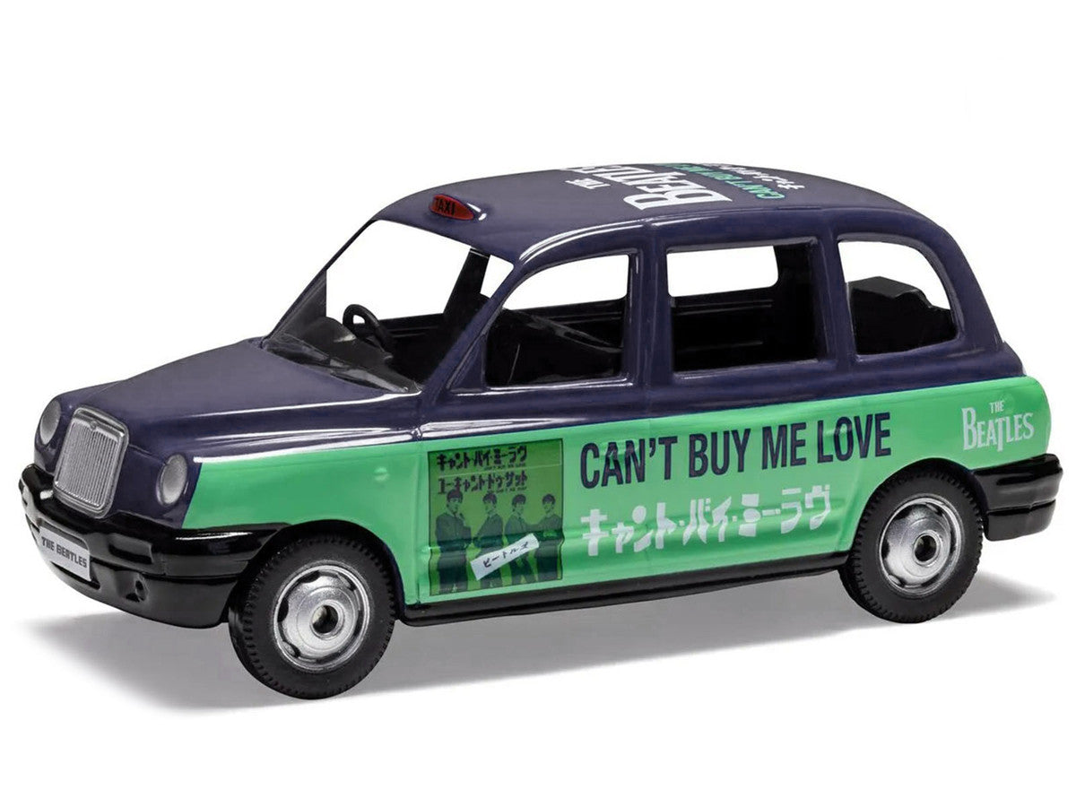 The Beatles London Taxi RHD (Right Hand Drive) "Can't Buy Me Love" Blue and Green with Graphics Diecast Model by Corgi