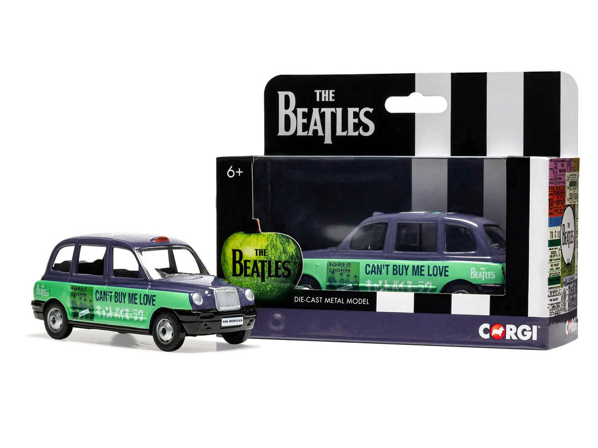 The Beatles London Taxi RHD (Right Hand Drive) "Can't Buy Me Love" Blue and Green with Graphics Diecast Model by Corgi