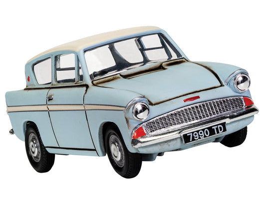 Flying Ford Anglia RHD (Right Hand Drive) Light Blue with White Top (Weathered) with Harry and Ron Figures "Harry Potter" Movie Series Diecast Model by Corgi