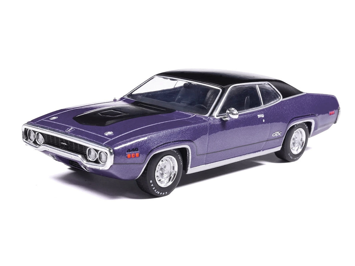1971 Plymouth GTX Purple Metallic with Black Vinyl Top and Black Hood Stripe 1/43 Diecast Model Car by IXO Models