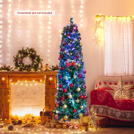 5/6/7/8 FT Pre-Lit Christmas Pencil Tree with Colorful Fiber Optics Green-8 ft