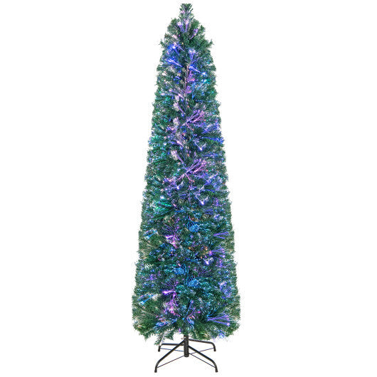 5/6/7/8 FT Pre-Lit Christmas Pencil Tree with Colorful Fiber Optics Green-8 ft