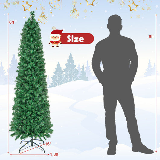 5/6/7/8 FT Pre-Lit Christmas Pencil Tree with Colorful Fiber Optics Green-8 ft
