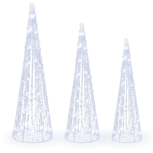 Set of 3 Pre-lit Christmas Cone Trees with Star Strings for Christmas-Cold White