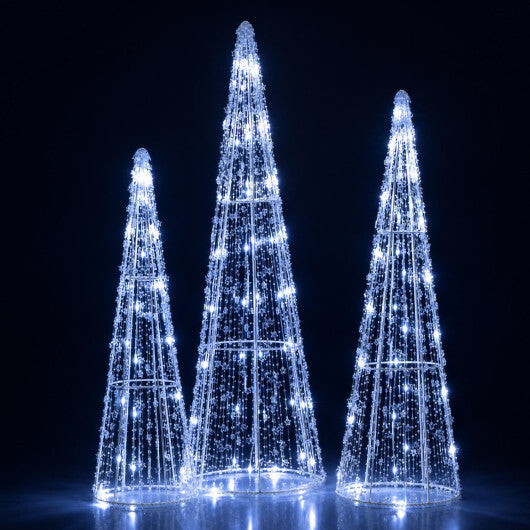 Set of 3 Pre-lit Christmas Cone Trees with Star Strings for Christmas-Cold White