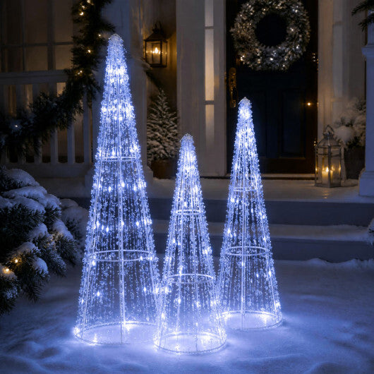 Set of 3 Pre-lit Christmas Cone Trees with Star Strings for Christmas-Cold White