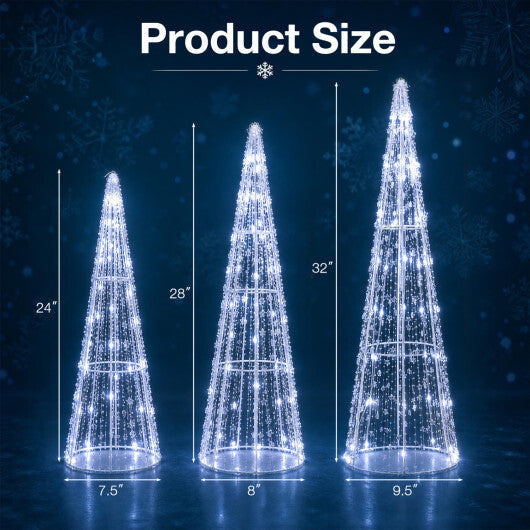 Set of 3 Pre-lit Christmas Cone Trees with Star Strings for Christmas-Cold White