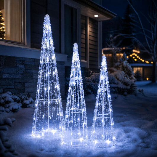 Set of 3 Pre-lit Christmas Cone Trees with Star Strings for Christmas-Cold White