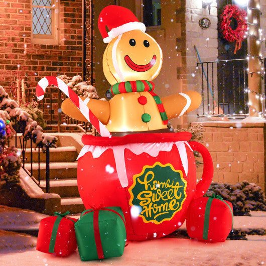 7 Feet Inflatable Gingerbread Man in Hot Cocoa Mug with Built-in LED Lights and Gift Boxes