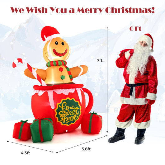 7 Feet Inflatable Gingerbread Man in Hot Cocoa Mug with Built-in LED Lights and Gift Boxes